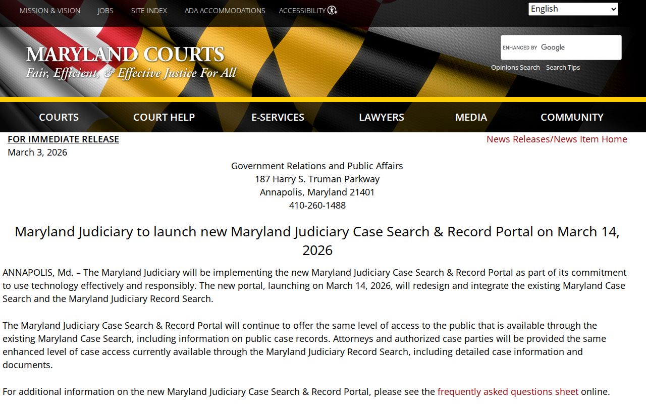North Laurel records notice for the 2026 Maryland court portal launch