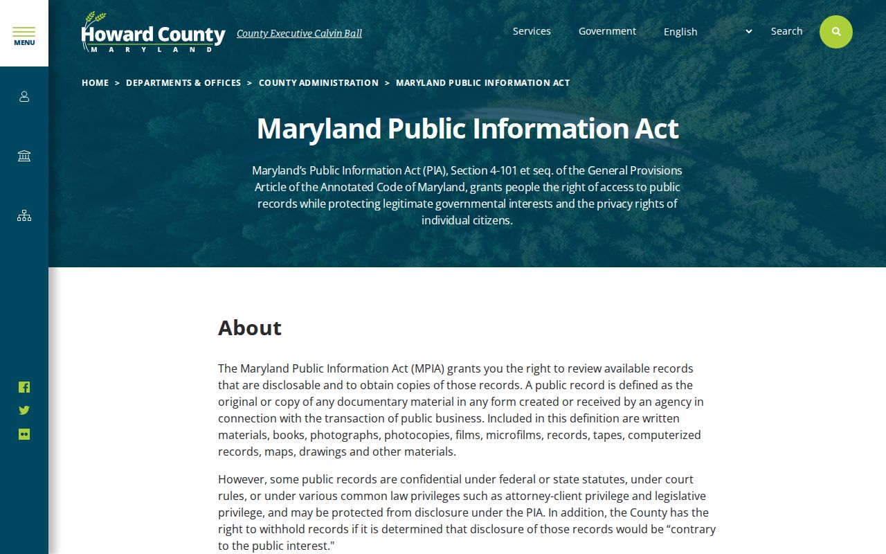 North Laurel records request route on the Howard County PIA page