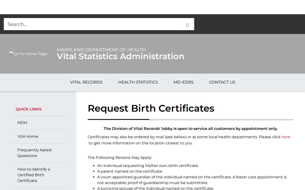 North Laurel records birth certificate application through Maryland Vital Records